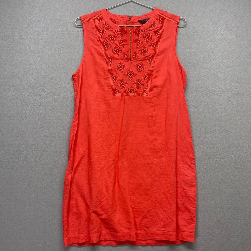 J Crew Dress Womens Small Orange Linen Blend Sleeveless Embroidered Casual